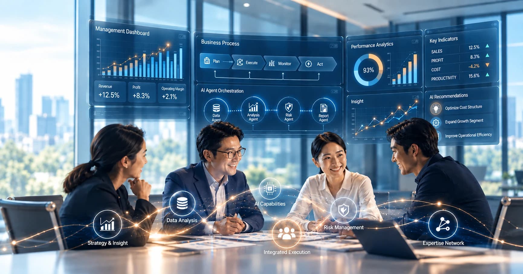 Management Dashboard와 AI Agent Orchestration 화면을 앞에 두고 성과·리스크 지표를 함께 논의하는 경영진